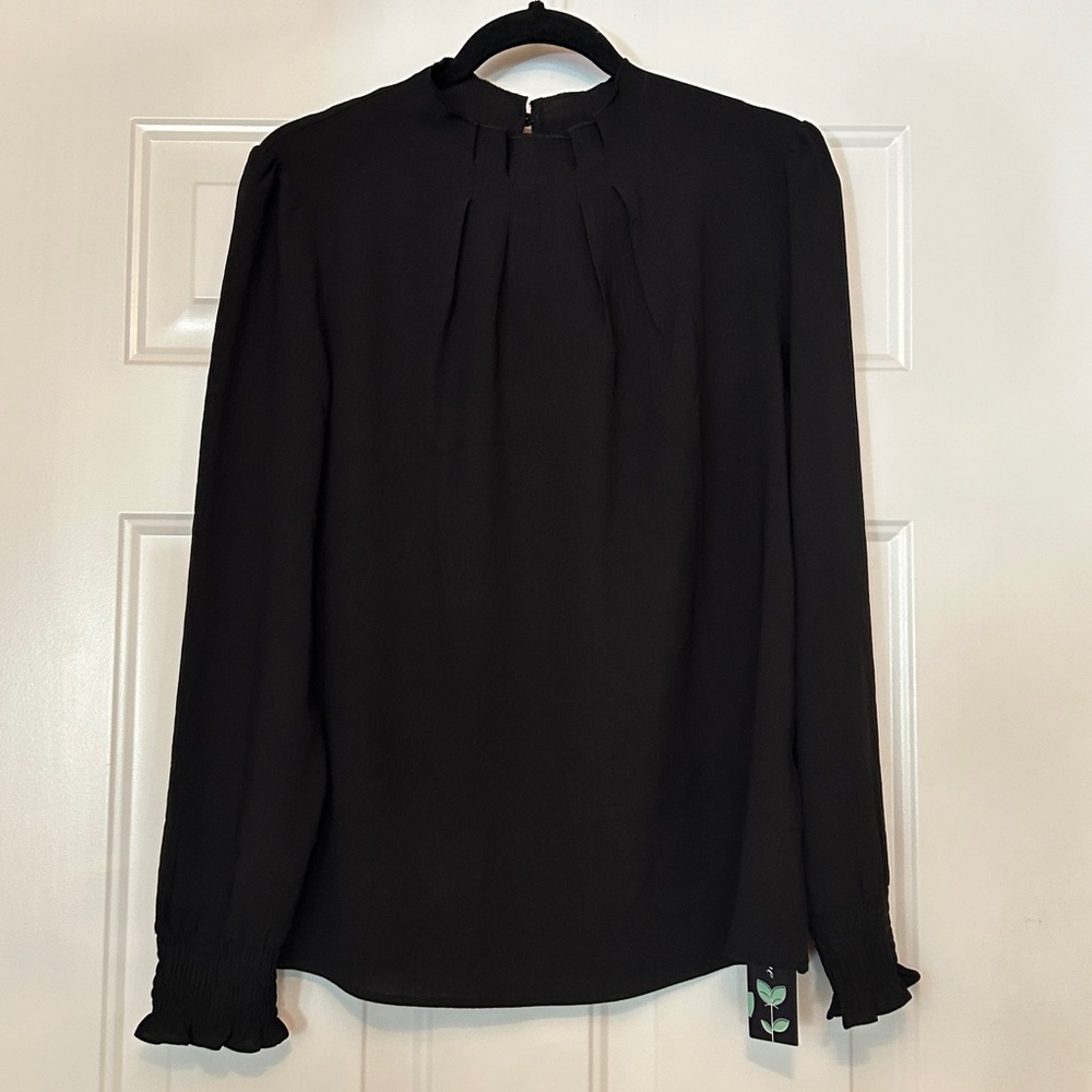 Fayenne Pleated Mock Neck LS Top M Black NWT Dressy Ruffle Sleeve Feminine